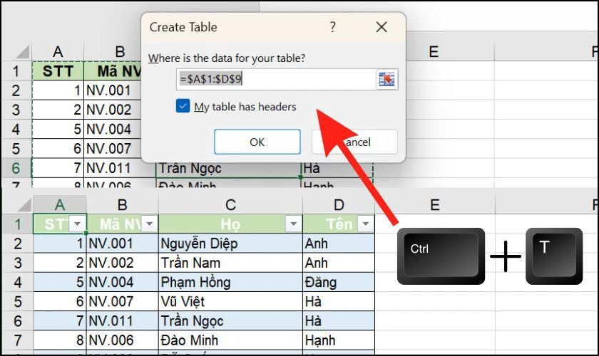 Phím tắt tạo bảng trong Excel