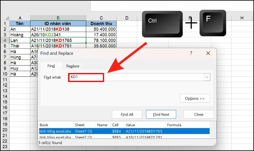 Phím tắt tìm kiếm trong Excel