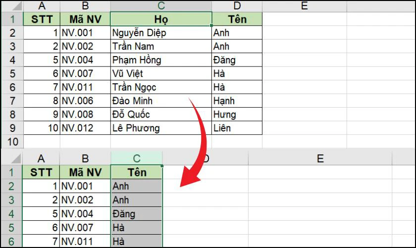 Phím tắt xóa cột trong Excel