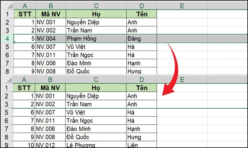 Phím tắt hide dòng trong Excel