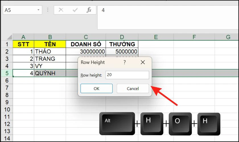 Phím tắt giãn dòng trong Excel