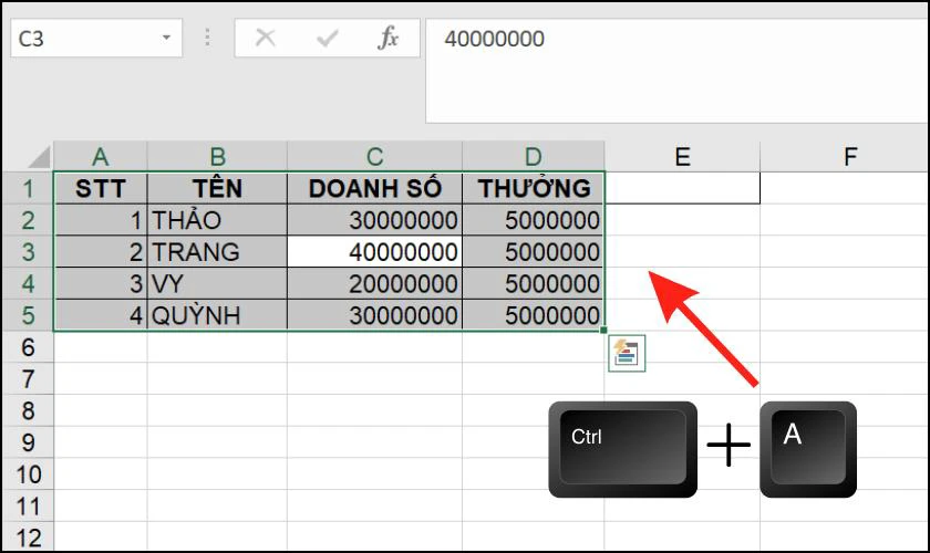 Phím tắt chọn vùng dữ liệu trong Excel