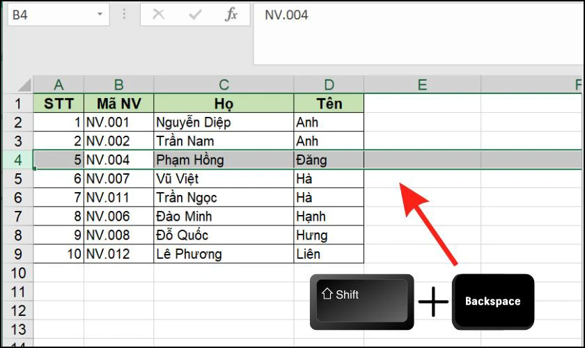 Phím tắt chọn dòng trong Excel