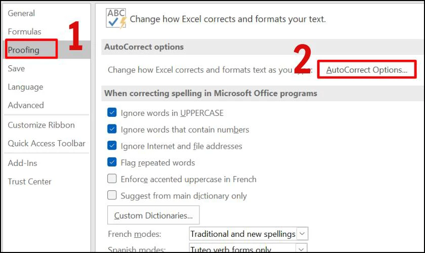 Cách tạo phím tắt trong Excel bằng Proofing