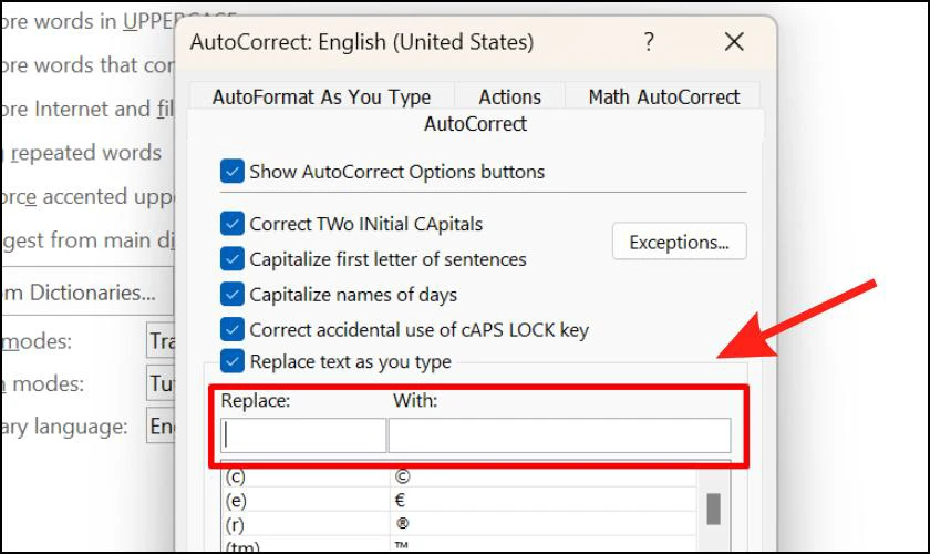 Trong tab AutoCorrect