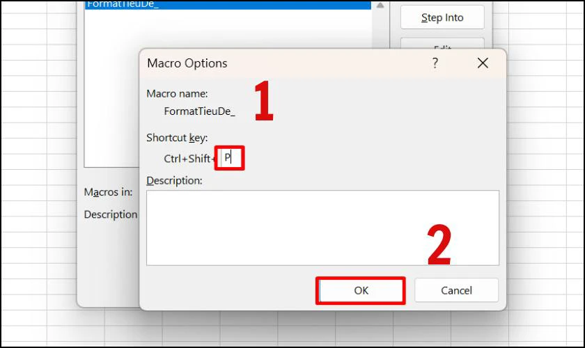 Trong ô Shortcut key