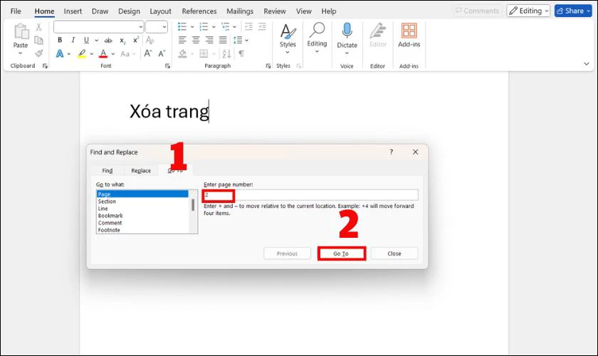 Phím tắt xóa trang trong Word