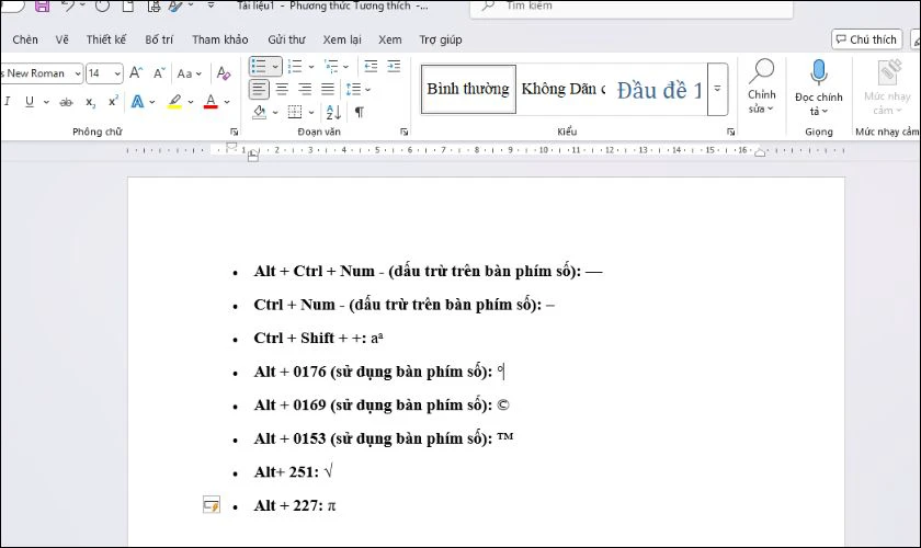Phím tắt các ký tự đặc biệt