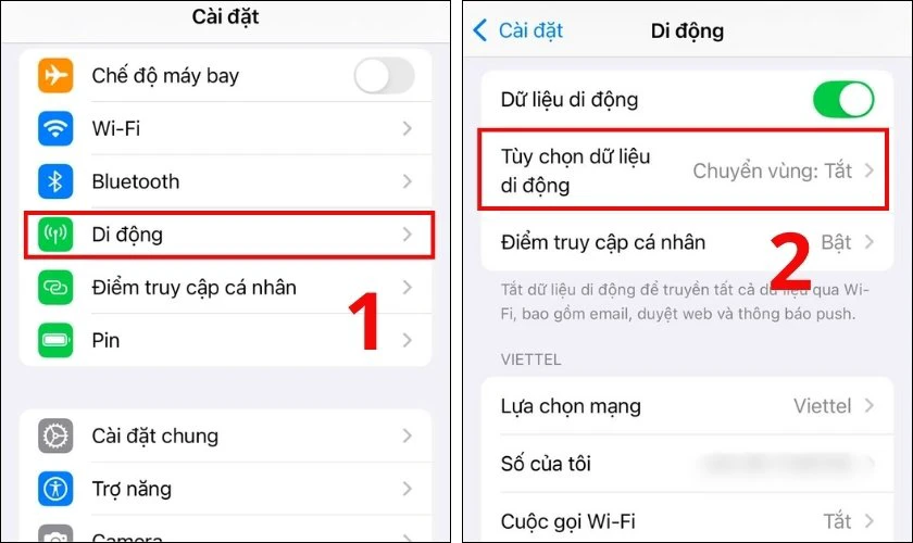 Chọn mục Di động, chọn Tùy chọn dữ liệu di động