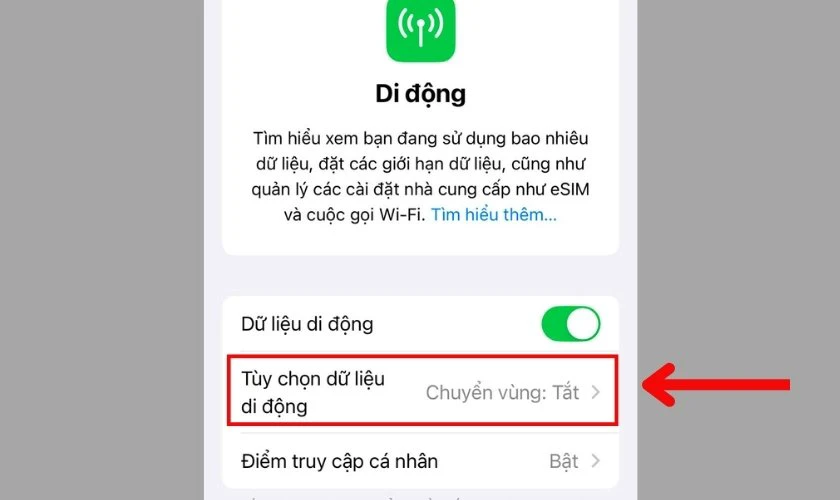 Chọn Tùy chọn dữ liệu di động