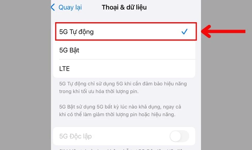 Chọn tùy chọn 5G trên iOS 26