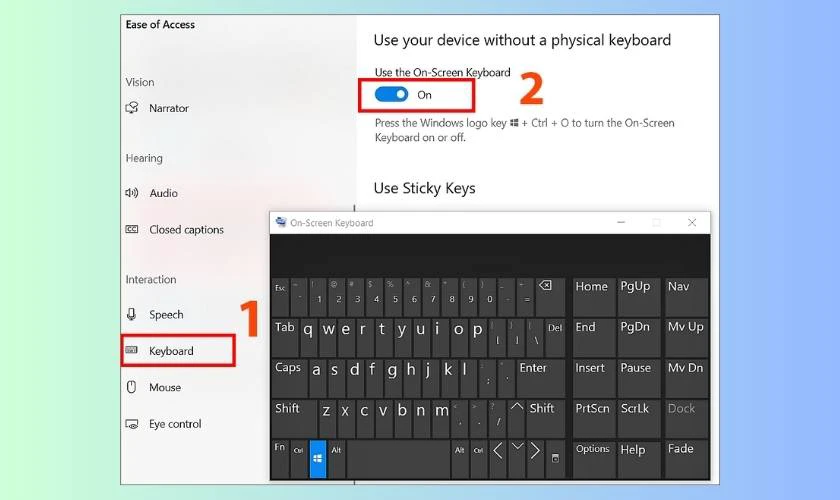 Chọn tab Keyboard