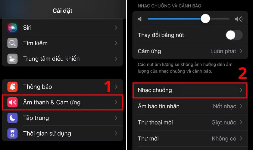 Cuộn xuống và nhấn vào Âm thanh & Cảm ứng, chọn mục Nhạc chuông