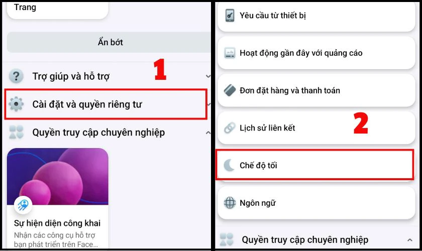 Tiếp tục chọn Cài đặt & quyền riêng tư, rồi chọn Chế độ tối