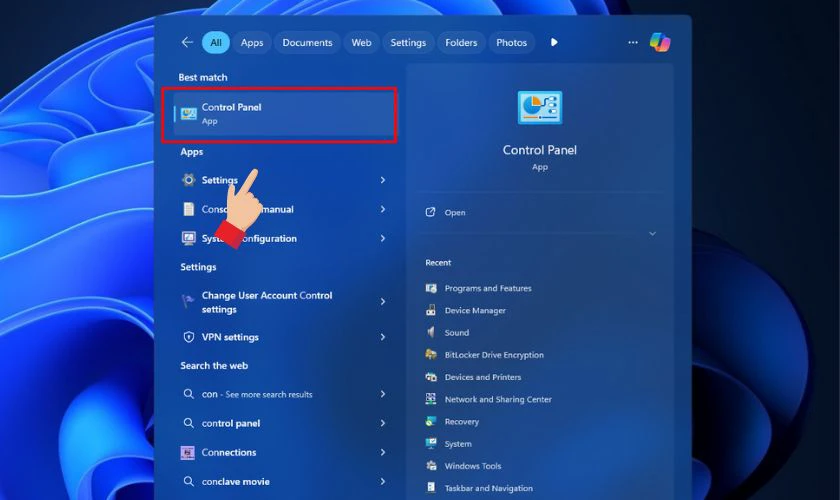 Tại thanh tìm kiếm của Windows 10, bạn gõ Control Panel và nhấn Enter