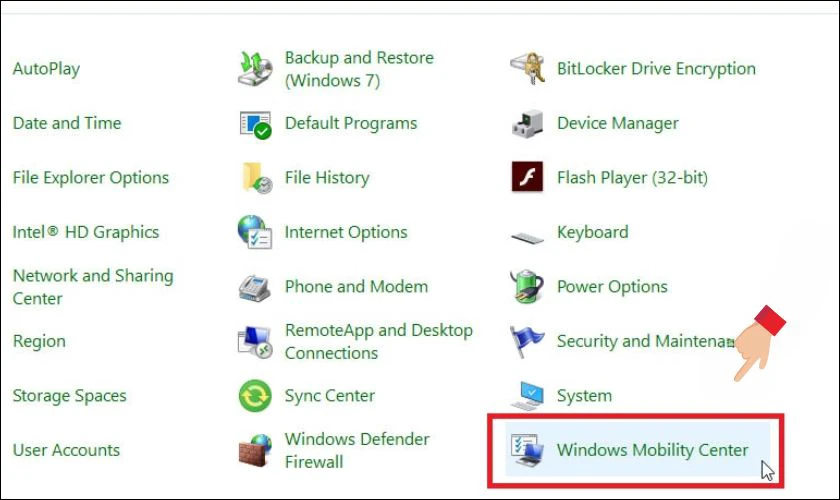 Tìm và nhấp vào mục Windows Mobility Center