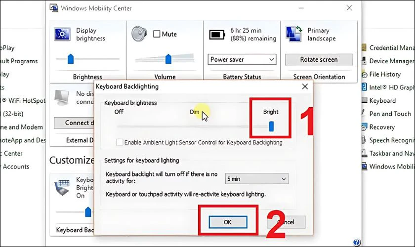 Kéo thanh Brightness để điều chỉnh độ sáng đèn bàn phím