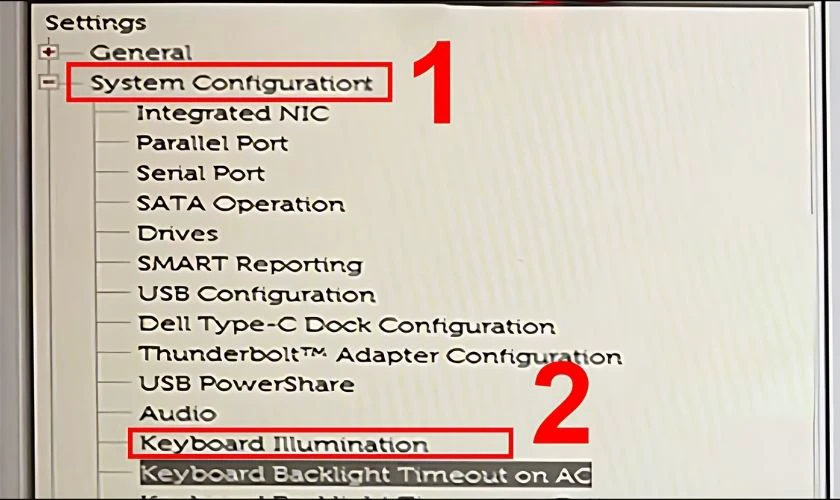 Tiếp đến, nhấn vào System Configuration và chọn Keyboard Illumination