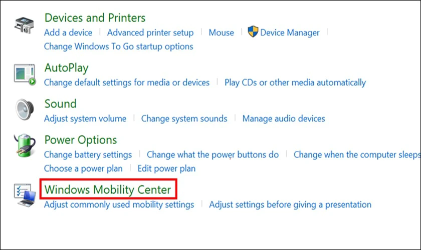 Nhấp vào Windows Mobility Center