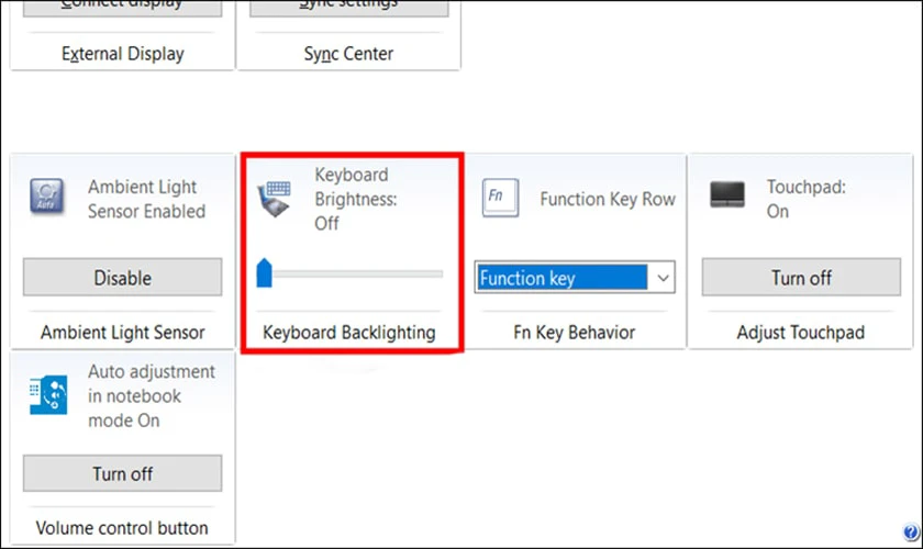 Tìm đến mục Keyboard Backlighting