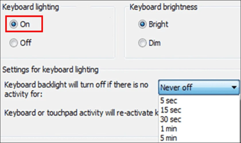 Ở mục Keyboard Lightning chuyển sang trạng thái ON là xong