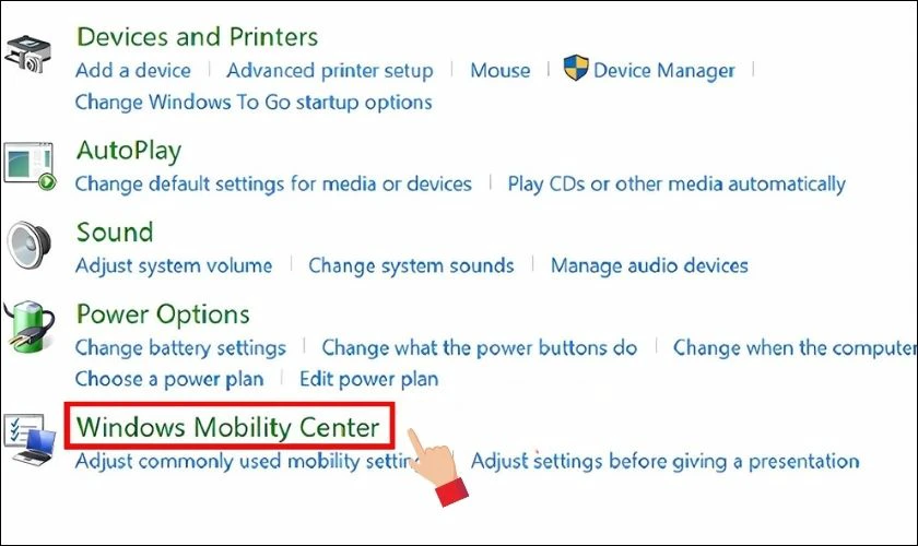 Chọn tiếp Windows Mobility Center từ danh sách hiện ra