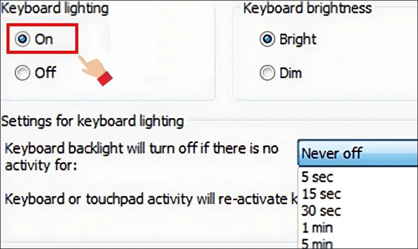 Nhấn chọn On để bật đèn bàn phím laptop Lenovo