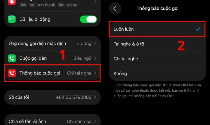 Bạn nhấn vào dòng Thông báo cuộc gọi