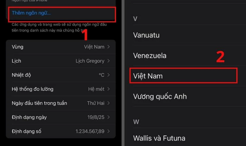 Nhấn Ngôn ngữ iPhone (iPhone Language) và chọn Tiếng Việt