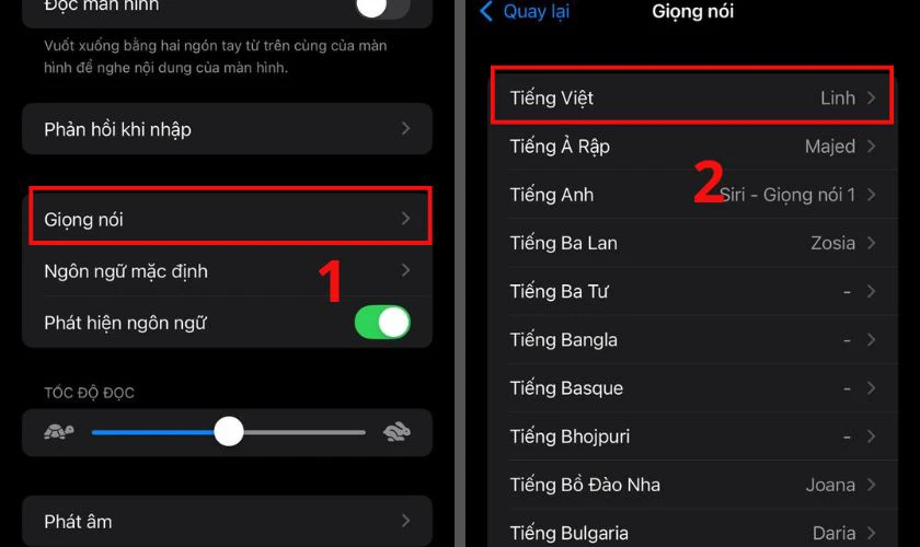 Đảm bảo Giọng đọc (Voices) đã cài Tiếng Việt
