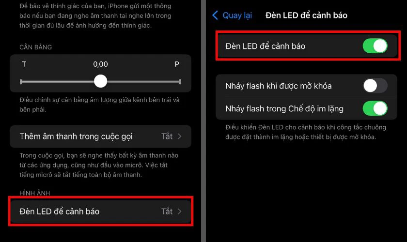 Bật "Đèn LED để cảnh báo" (LED Flash for Alerts)