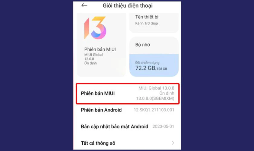 Tìm và nhấn liên tục vào mục Phiên bản MIUI khoảng 7 lần