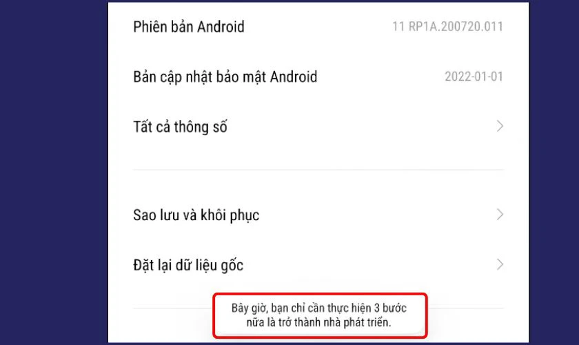 Trong lúc nhấn liên tục vào Phiên bản MIUI, màn hình sẽ hiển thị thông báo đếm ngược