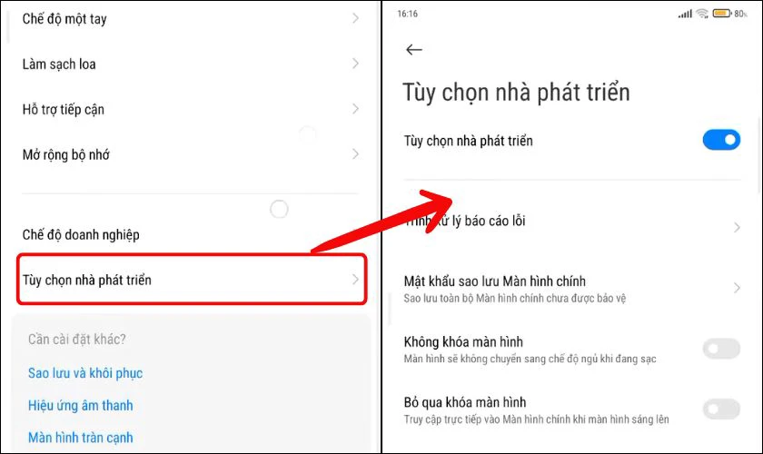 Tìm và chọn Tùy chọn nhà phát triển để bắt đầu tùy chỉnh