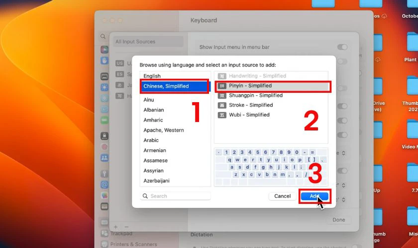 Chọn kiểu nhập liệu như Pinyin và nhấn nút Add để thêm