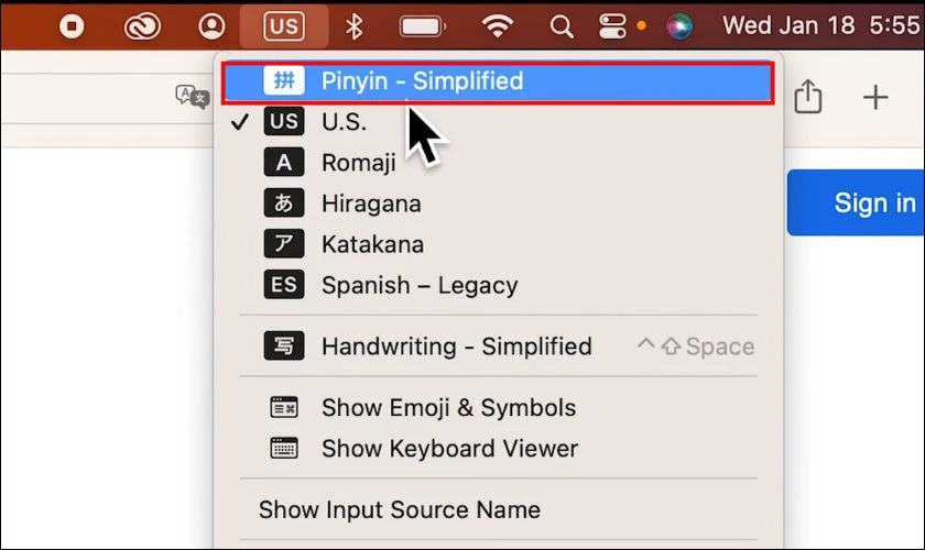 Cách chuyển sang bàn phím tiếng Trung trên MacBook bằng Menu