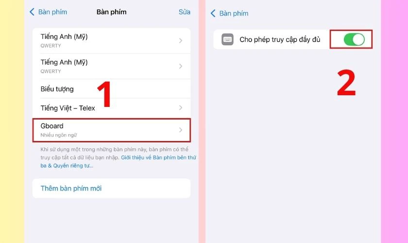 Trong danh sách bàn phím, chọn Gboard sau đó bật Cho phép truy cập đầy đủ