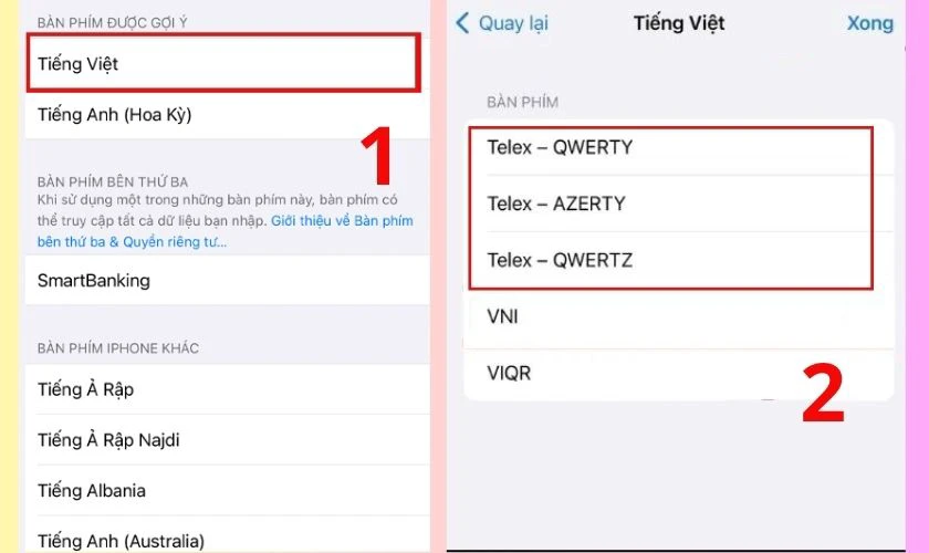Tìm trong danh sách bàn phím và chọn tiếng Việt