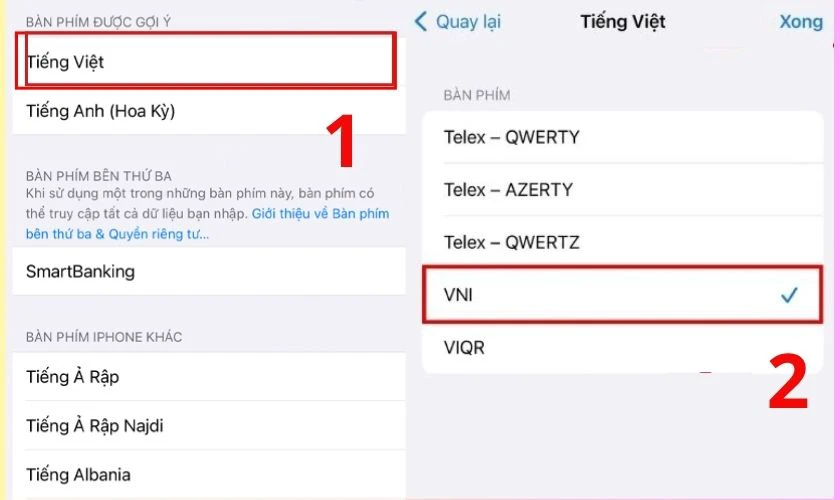Trong danh sách bàn phím, hãy tìm và chọn tiếng Việt