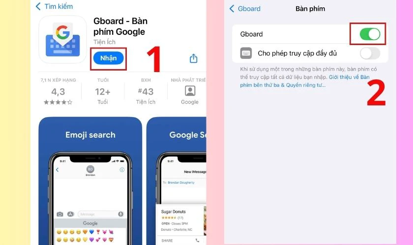 Mở App Store, tìm kiếm Gboard sau đó bấm Nhận