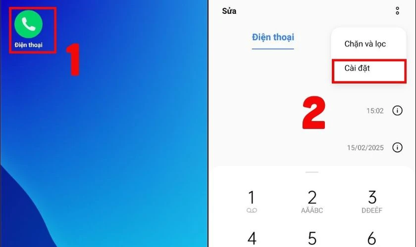 Mở ứng dụng Điện thoại trên điện thoại OPPO của bạn và chọn Cài đặt