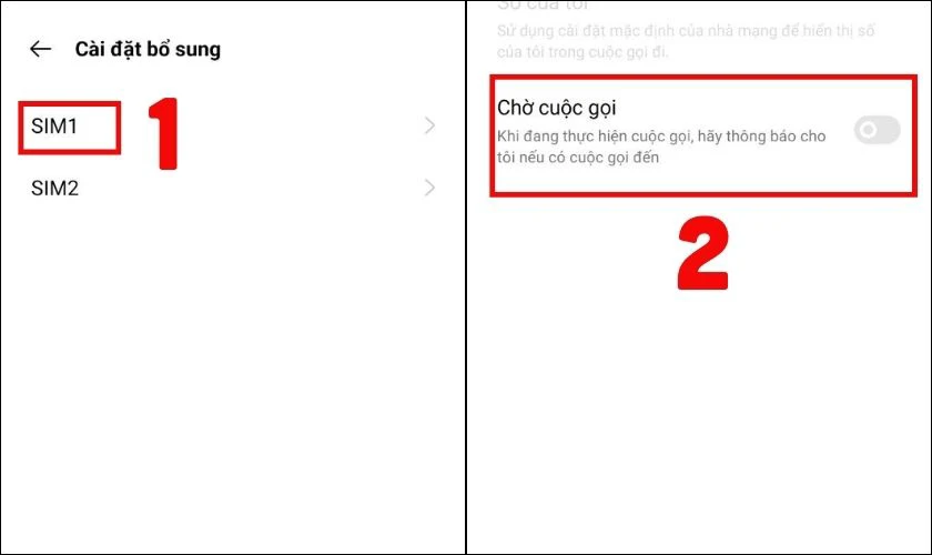 Chọn SIM rồi gạt nút sang Bật ở mục Chờ cuộc gọi