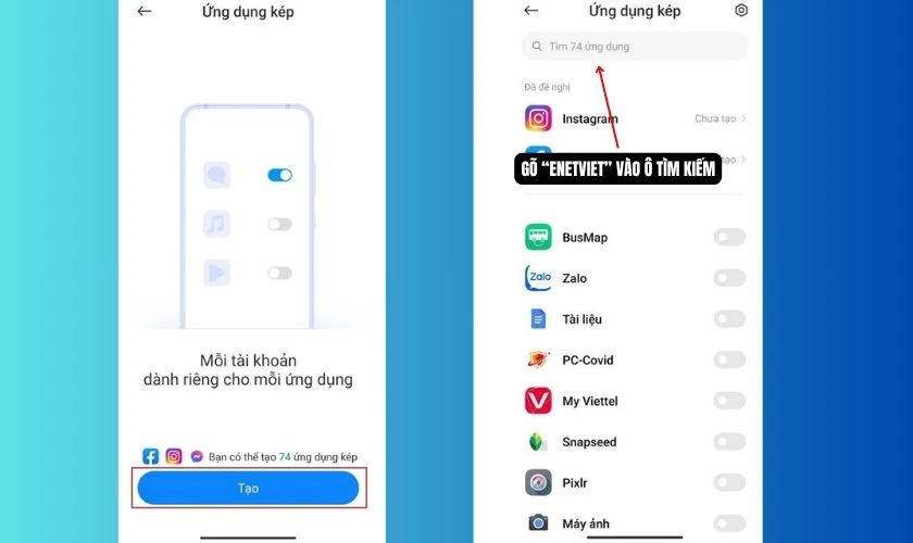 Tìm kiếm Ứng dụng kép và kích hoạt chế độ nhân bản