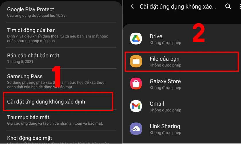 Tìm đến Cài đặt ứng dụng không xác định, chọn File của bạn