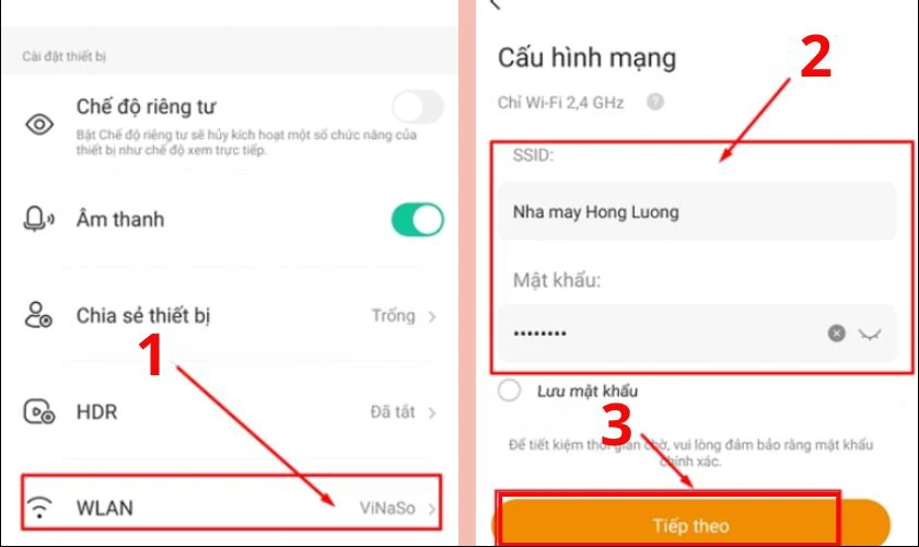 Tìm mục WLAN và chọn Cấu hình mạng để bắt đầu kết nối với mạng mới. Sau đó, nhấn Tiếp tục