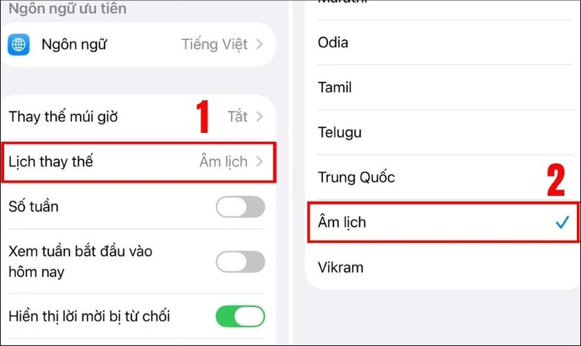 Chọn Lịch thay thế và bật Âm lịch