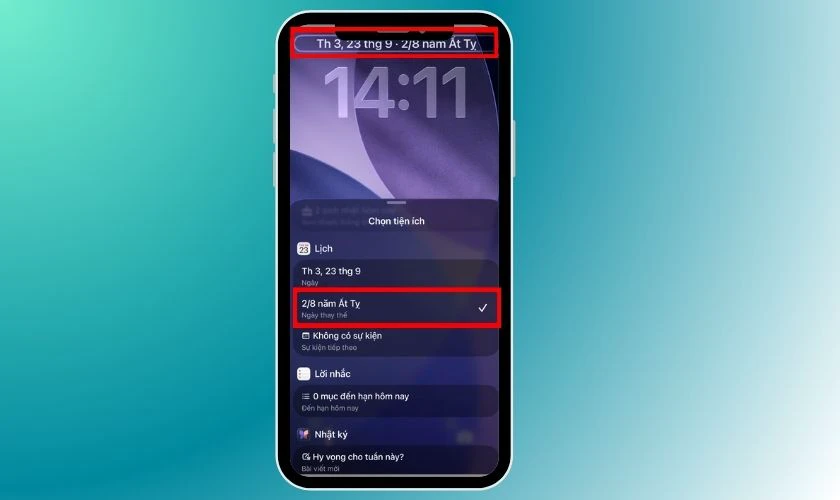 Bạn chọn biểu tượng ngày tháng, chọn ngày âm lịch trong danh sách