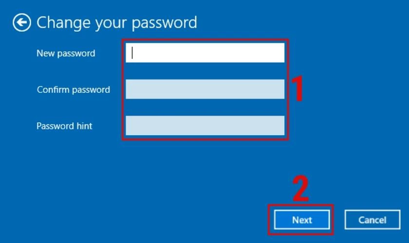 Tại cửa sổ nhập mật khẩu bạn bỏ trống các yêu cầu và chọn Next