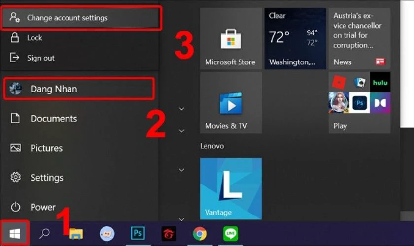 Cách cài mật khẩu máy tính Win 10 từ Menu Start