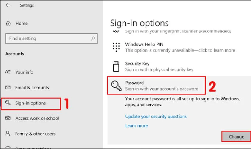 Vào Sign-in options, chọn Password và nhấn Change